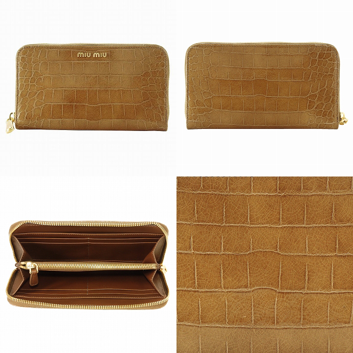 ミュウミュウ クロコ調ラウンドファスナー長財布 5M0506 ST.COCCO LUX CAMMELLO