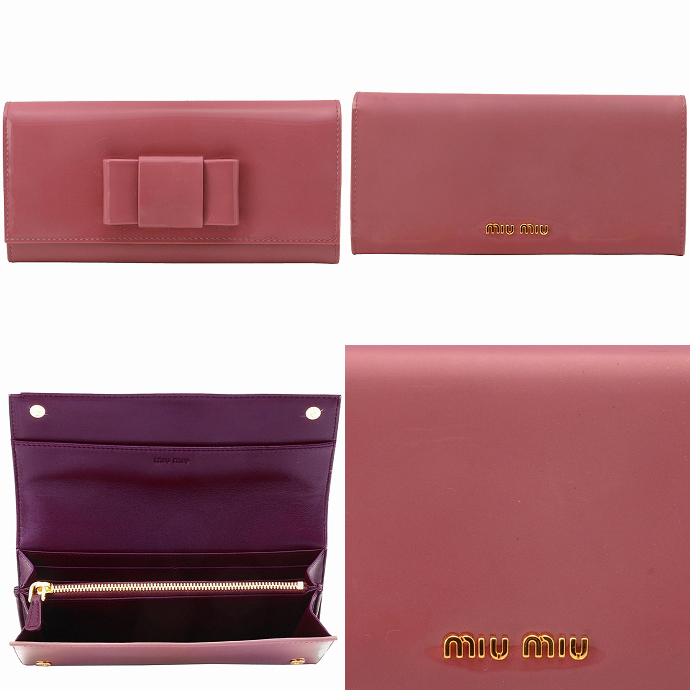 ミュウミュウ エナメルリボン付き2つ折り長財布 5M1109 VERNICE FIOCCO ANTICO+AMARENA