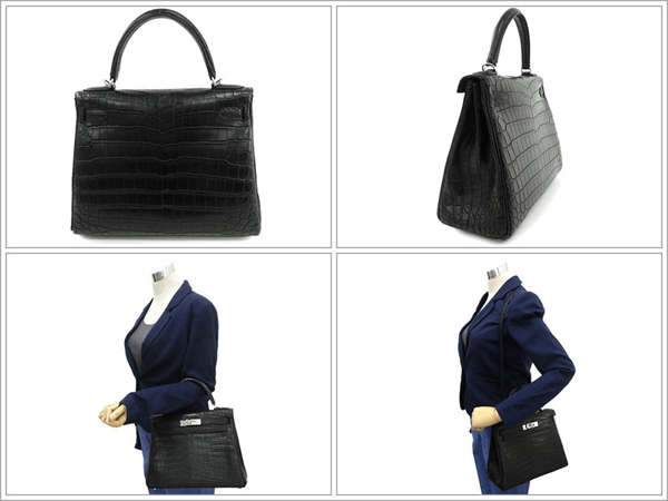 エルメス ハンドバッグ ケリー 28 cm 内縫い ブラック×シルバー金具 クロコダイル Q刻印 RA20-GZ